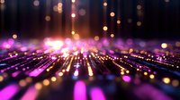 Glowing pink and purple light rays with bokeh effect on dark background, abstract technology pattern with illuminated particles and lines.