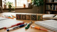 Wooden letter blocks spelling NOISE on desk with colorful pens and notebooks in cozy study room with natural light and plants for educational content.