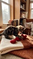 Adorable tabby kitten playing with red knitted hearts on cozy blanket in warm sunlit reading nook with wooden shelves and books creating hygge atmosphere.