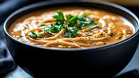 Creamy peanut soup with fresh herbs garnish in black bowl, ready for restaurant menus, food blogs, cooking websites and culinary publications.