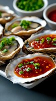Fresh oysters topped with spicy red chili sauce and green onions, served with condiments on dark slate. Gourmet seafood appetizer for fine dining and restaurant menus.
