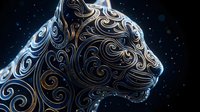 Majestic lion head with ornate swirling patterns against starry night sky background. Decorative big cat silhouette with intricate metallic scrollwork design.