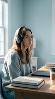 Young woman with long brown hair and fair complexion wearing wireless headphones and gray sweater, studying at wooden desk with books and tablet in bright, minimalist room with blue walls.