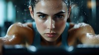 Young female athlete with wet skin and focused expression in rain, ready for competition or training session.