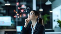 Young Asian businesswoman in glasses contemplating multiple glowing directional arrows floating above, representing decision making and strategic thinking in modern office.