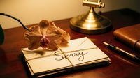 Handwritten sorry note on vintage envelope tied with twine, dried orchid flower, pen and brass lamp on wooden desk.