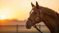 Chestnut horse with halter at golden sunset in rural pasture setting with warm lighting and peaceful countryside atmosphere for equestrian content.