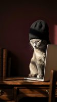 Tabby cat wearing black beanie and glasses sitting on wooden desk with laptop computer in cozy home office workspace for remote work and technology concepts.