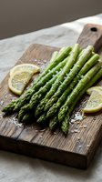 Fresh green asparagus spears with lemon slices and sea salt on rustic wooden cutting board for healthy cooking and gourmet meal preparation.