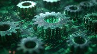 Mechanical gears integrated with glowing green digital matrix code on circuit board, representing automation and artificial intelligence technology advancement.