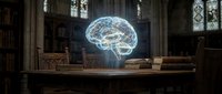 Young adult male with light skin tone, wearing casual clothing, sitting at a wooden desk in a gothic library setting surrounded by stacked books, with a glowing neon brain hologram floating above the desk representing intelligence and creativity for education and learning concepts.