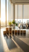 Wooden letter blocks spelling "Be Prepared" on modern office desk with city skyline view through floor-to-ceiling windows, potted plants, and ergonomic chairs, representing business readiness and corporate planning.