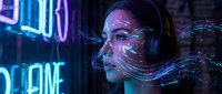Young Asian woman with futuristic digital face projections and neon lighting in cyberpunk sci-fi environment for technology and innovation concepts.