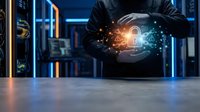 Businessman in black suit holding glowing digital lock and padlock hologram, cybersecurity and data protection concept for tech and business presentations.