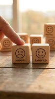 Hand selecting wooden cube with happy face from unhappy to satisfied representing customer feedback rating and service quality improvement concept.