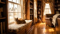 Cozy home library interior with tabby cat resting on window seat cushion, wooden bookshelves, elegant curtains and warm natural lighting.