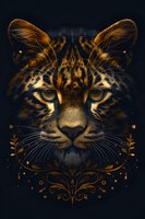 Mystical leopard face with golden ornamental details on dark background, fierce eyes and detailed fur texture create dramatic wildlife art composition.