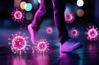 Dancer in sneakers stepping between glowing pink virus cells on dark reflective surface with bokeh lights, depicting health crisis through artistic expression.