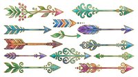 Decorative arrows with ornamental flourishes, feathers and botanical elements in earthy tones and jewel colors. Isolated clipart suitable for invitations, scrapbooking and graphic design projects.