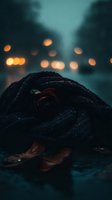 Dark red rose lying on wet ground at night with blurred city lights creating bokeh effect in teal atmospheric background. Moody romantic composition.