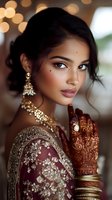 Young South Asian woman in traditional bridal attire with ornate jewelry, mehndi designs on hands, and burgundy embroidered dress against soft bokeh background.