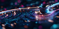 Macro shot of vinyl record surface with water drops and colorful bokeh lights creating abstract pattern, music and entertainment concept for background design.