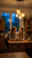 Young couple enjoying intimate conversation at kitchen table under warm pendant lighting in cozy evening home setting with wooden furniture and plants.