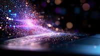 Magical glowing particles burst with blue and purple light against dark background, creating ethereal atmosphere with bokeh effect and reflective surface.