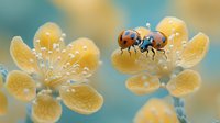Two ladybugs perched on delicate yellow spring blossoms against soft turquoise background, creating romantic macro nature scene with gentle bokeh effect.