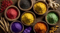 Vibrant colorful spices in wooden bowls on rustic table, including turmeric, paprika, ginger root, and dried chili peppers for cooking or natural food coloring.