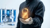 Businessman in dark jacket holding glowing battery icon with golden light particles, representing energy efficiency, power management, and sustainable technology solutions for business.