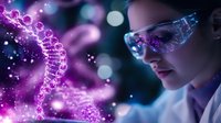 Scientist in lab coat examining glowing DNA helix structure through futuristic augmented reality glasses against purple and blue background with bokeh effect.