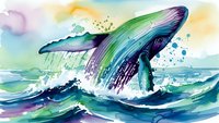 Majestic humpback whale breaching ocean surface with colorful watercolor splashes and dynamic waves in artistic marine wildlife illustration.