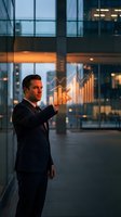 Professional businessman analyzing holographic financial growth charts in modern office building at evening for business presentations and reports.