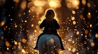Young girl riding horse silhouetted against magical golden bokeh lights creating dreamy atmosphere for equestrian sports and childhood dreams.