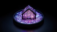 Glowing miniature house silhouette in glass dome with purple and blue illuminated crystals creating magical atmosphere against dark background.