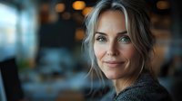 Professional blonde businesswoman smiling confidently in modern office environment with warm lighting and blurred background for corporate presentations.