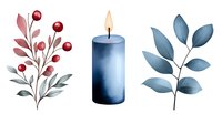 Watercolor set with navy blue candle, red berries branch and eucalyptus twig on white background. Isolated botanical elements for winter holiday designs.