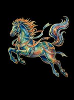 Ornate fantasy horse with flowing mane and tail in teal, gold, and orange tones, isolated on transparent background. Ready for t-shirts, stickers, clipart, and print-on-demand designs.