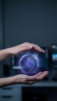 Hands holding glowing digital globe with network connections, representing global technology, data connectivity, and worldwide business innovation in modern workspace.
