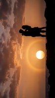 Silhouette of couple floating in air against golden sunset sky with bright sun and dramatic clouds, romantic levitation scene for creative design projects.