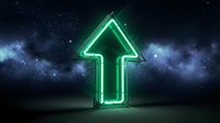Glowing green neon arrow pointing upward against cosmic starry space background with nebula clouds for business growth and success concepts.