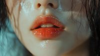 Close up of glossy coral lips with dewy skin and dark hair against turquoise background, beauty and cosmetics concept for makeup and skincare advertising.