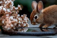 Young brown rabbit sniffing delicate pink cherry blossoms in spring garden setting, close-up view showing soft fur texture and curious expression against blurred background.