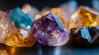 Colorful healing crystals and mineral stones with amethyst, citrine, and raw gemstones on dark background with soft bokeh lights creating mystical atmosphere.