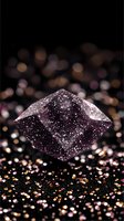 Pink glittering crystal shape floating over scattered sparkles on dark background with bokeh lights, creating magical luxury atmosphere for jewelry design.