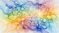 Abstract watercolor rainbow gradient with flowing organic shapes and bubbles creating dreamy artistic background for creative projects.