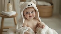 Smiling baby wrapped in soft white bear hooded towel after bath, sitting on bed. Natural light creates cozy atmosphere for lifestyle parenting and childcare concept.