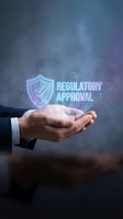 Businessman hands presenting holographic regulatory approval shield icon with checkmark for compliance and legal authorization concepts.