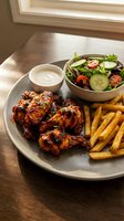 Grilled chicken wings with barbecue sauce served alongside golden french fries, fresh garden salad and creamy dipping sauce on rustic wooden table.